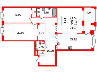 Двухкомнатная квартира 129.7 м²